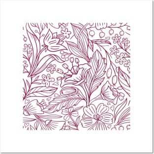 Maroon Floral Outline Print Posters and Art